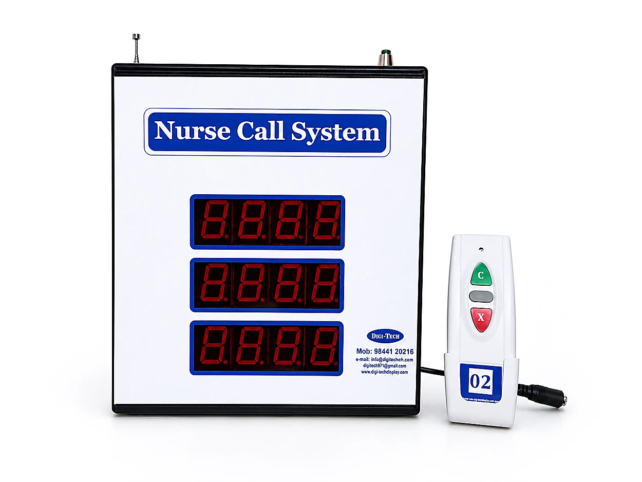 Wireless calling system with 7-segment display panel showing room numbers, and hand-held calling unit