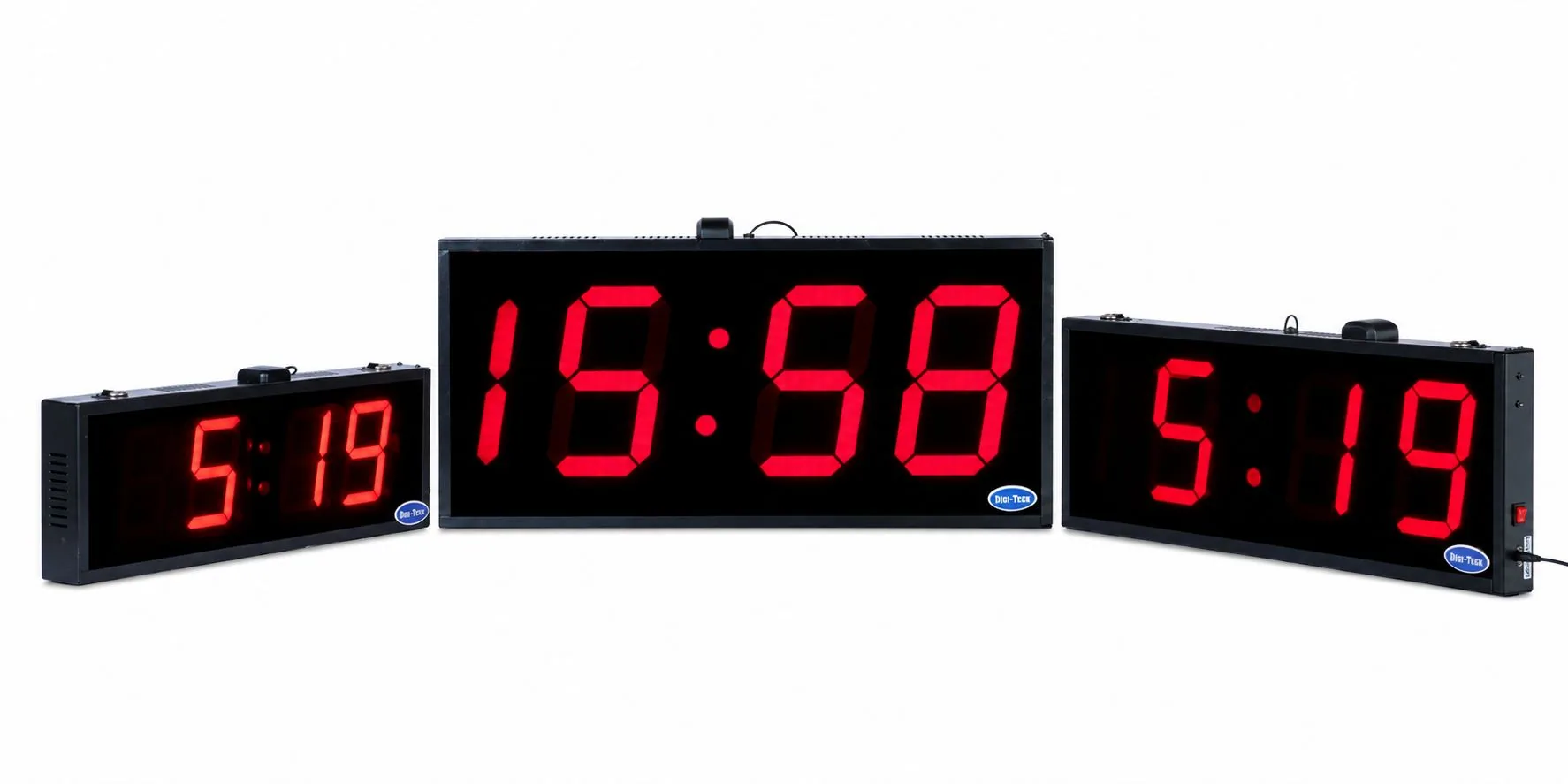 Three GPS synchronised digital clocks in different digit heights