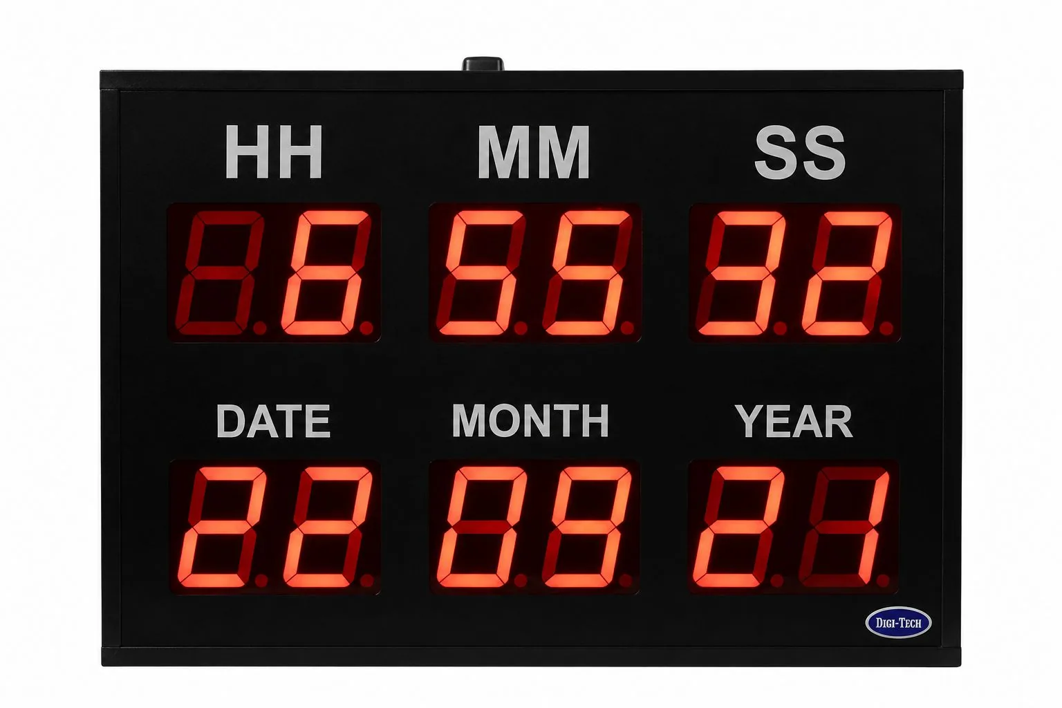 GPS digital clock showing hours, minutes and seconds above date, month and year