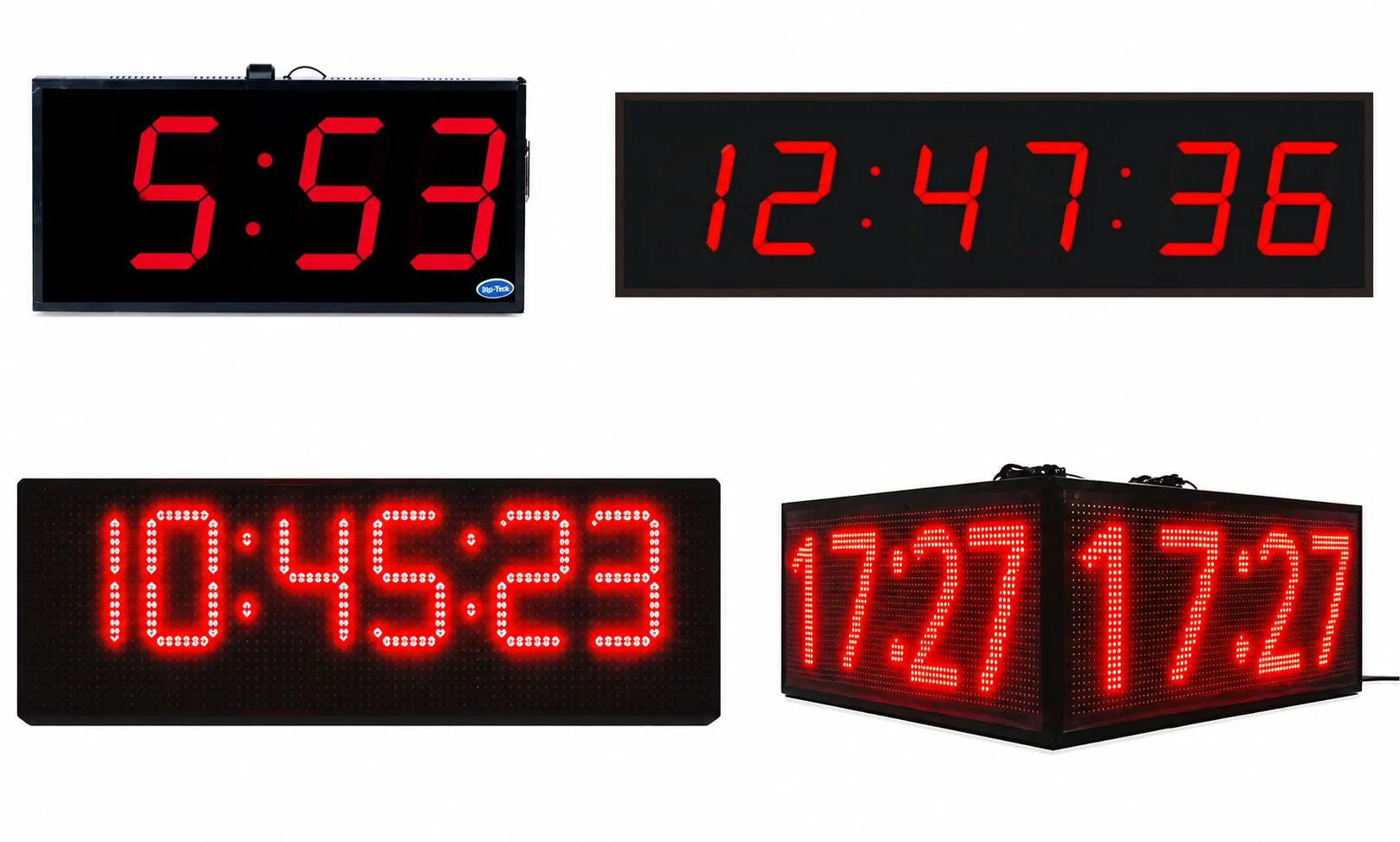 Variants of the GPS clock range — six-digit HH:MM:SS, P10 dot-matrix outdoor and a double-sided unit