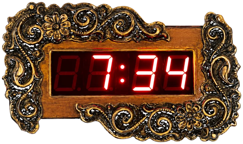 Heritage GPS Clock — hand-carved wooden frame with red four-inch digits showing the time