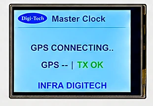 Close-up of the master clock LCD showing GPS CONNECTING and TX OK