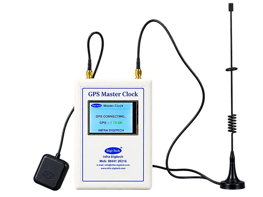 GPS master clock with colour LCD, GPS puck antenna on the left and magnetic-base whip transmit antenna on the right