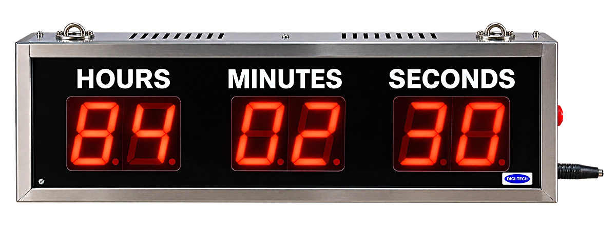 Stainless steel slave clock displaying hours, minutes and seconds in red seven-segment digits