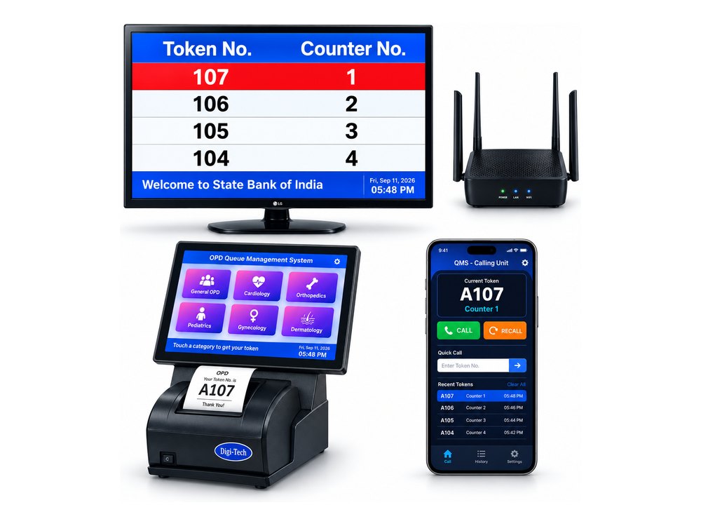 LCD Wireless queue management system — LCD token display, Wi-Fi router, tab token kiosk with thermal printer and the mobile calling app