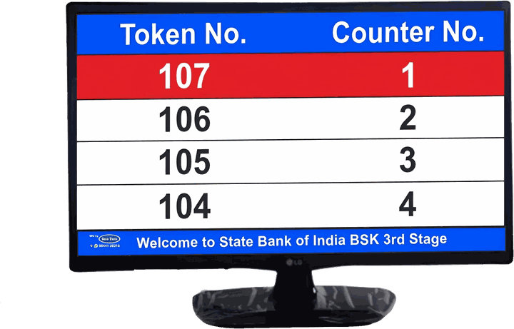 LCD token display in a bank branch showing four rows of token and counter numbers with the branch name along the bottom