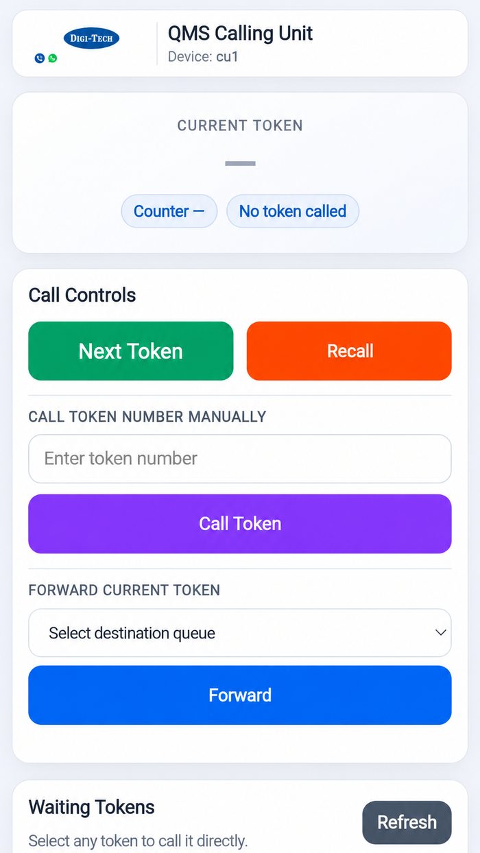 Mobile calling app used to call, recall and forward tokens from a phone