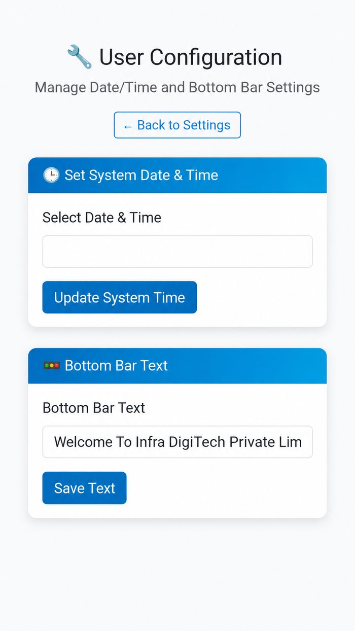 Settings app used to name services, set ranges and edit the footer line