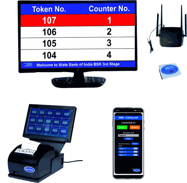LCD Wireless queue management system — LCD token display, router, MCU, tab kiosk with thermal printer and the mobile calling app