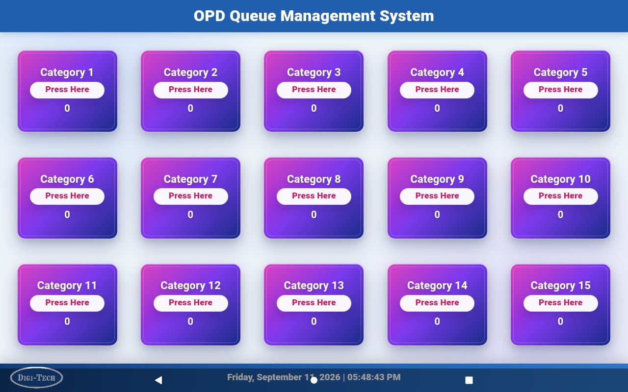 Tab kiosk screen showing fifteen queue tiles, each with a press button and a running count