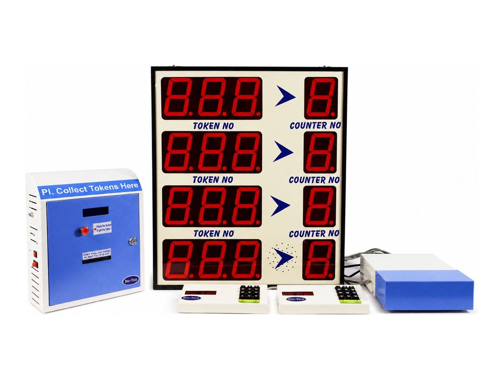 LED Wired queue management system — token dispenser kiosk, four-line LED token display, calling units and cabled control box