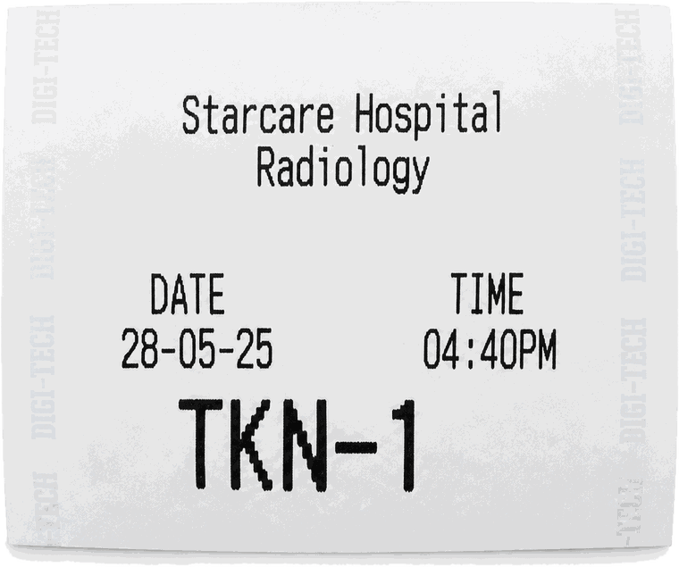 Printed queue token showing hospital name, department, date, time and token number TKN-1