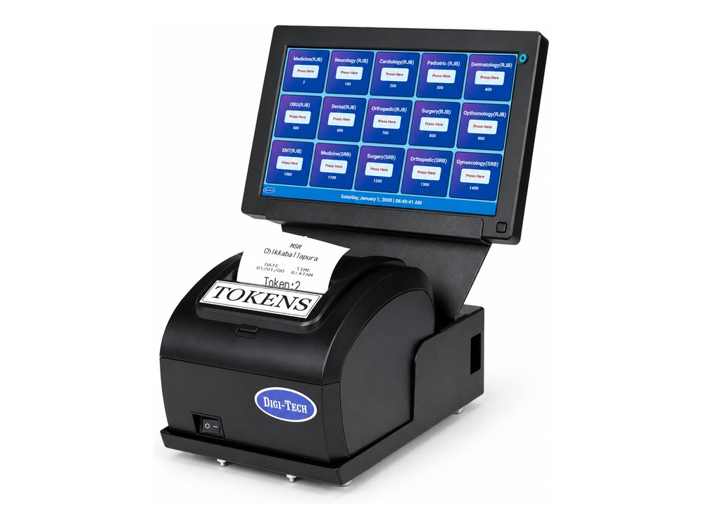 Tab token kiosk with fifteen named department queues on screen and a thermal printer issuing the token below