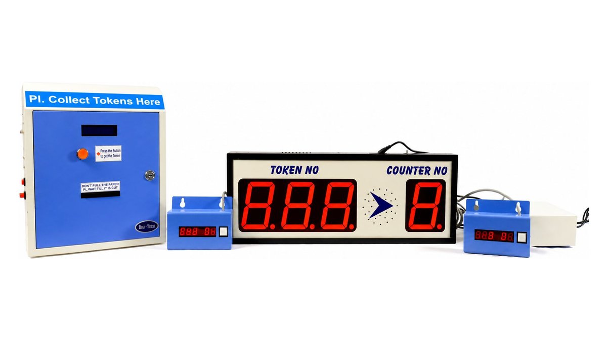Budget wired queue management system — token dispenser, single-line token and counter display, and two compact calling units with a single NEXT button