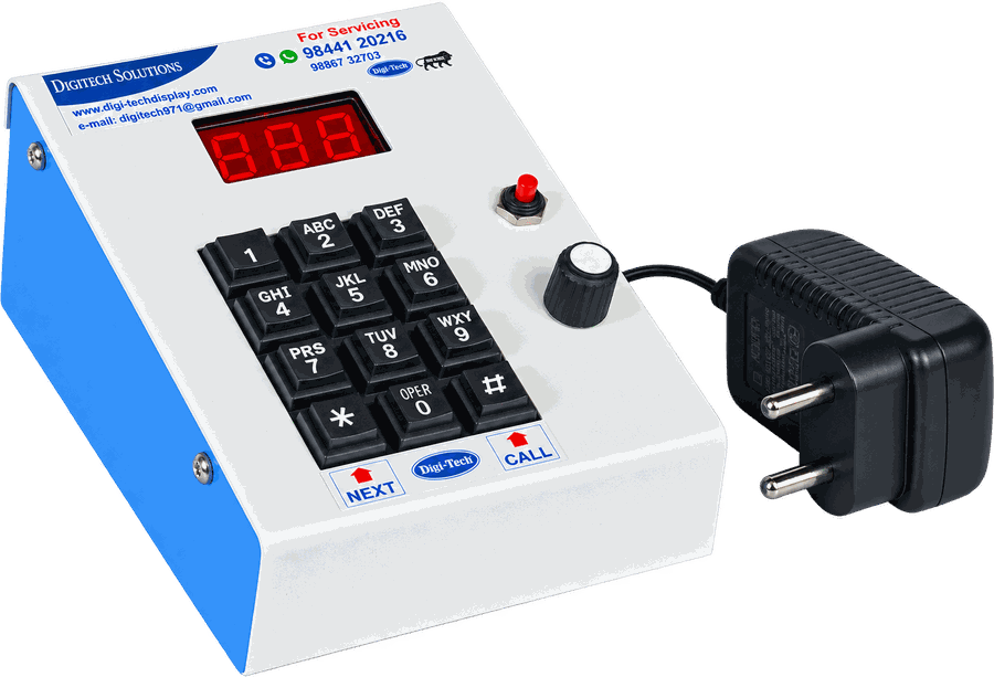 Counter calling unit with a 7-segment readout, numeric keypad, NEXT and CALL keys, volume control and its power adapter