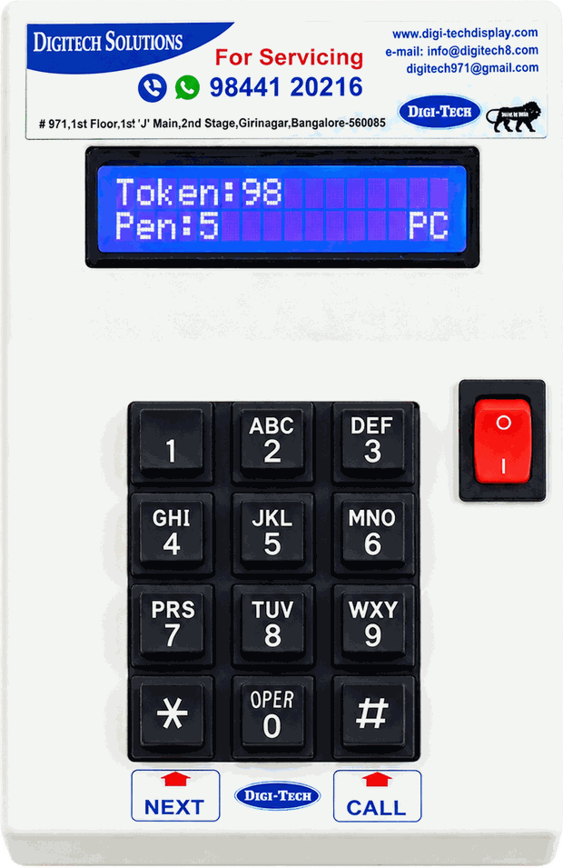 Wireless calling unit — 2×16 LCD showing Token 98, Pen 5 and the connectivity indicator, with a numeric keypad, NEXT and CALL keys and an on/off switch